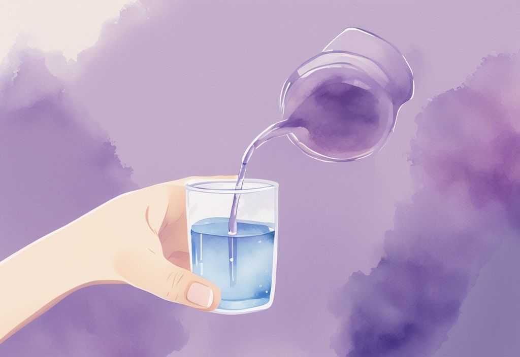 Illustrazione minimalista ad acquerello con tema lavanda, una mano tiene un contagocce pieno di Serenase sopra un bicchiere d'acqua, sfondo rilassante adatto al sonno.