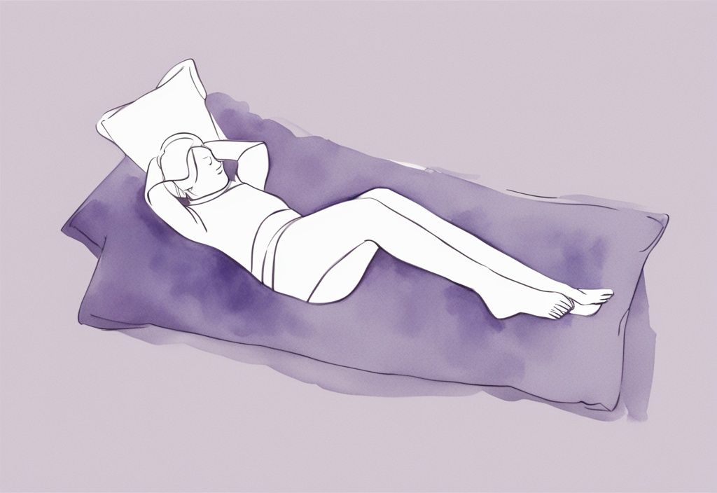 Illustrazione minimalista ad acquerello con tema principale color lavanda, persona distesa su schiena con cuscino sotto le ginocchia, posizione consigliata per dormire con costola incrinata come dormire.