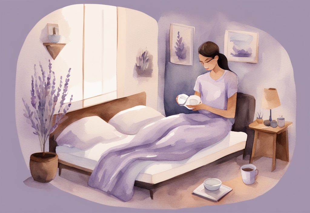 Illustrazione minimalista ad acquerello in tema lavanda: persona in pigiama accogliente con tazza di tè alle erbe, luce soffusa, tavolino con libro e occhiali.