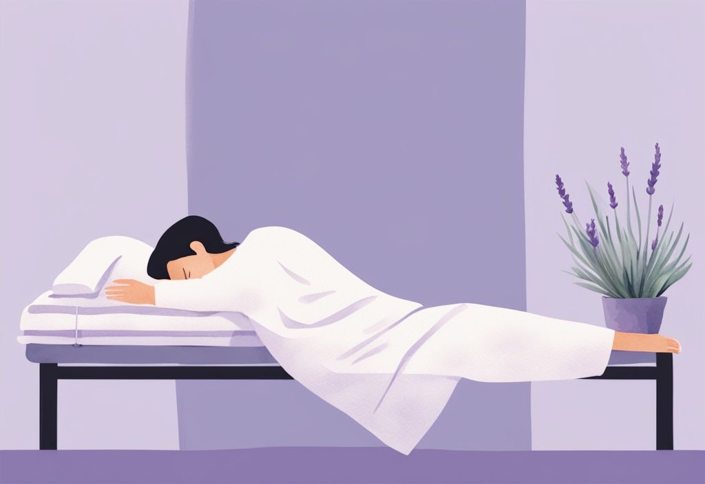 Illustrazione minimalista ad acquerello di una persona con lordosi cervicale che dorme comodamente in posture corrette con cuscini cervicali e asciugamani arrotolati.