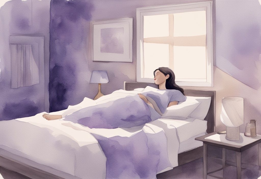 Illustrazione minimalista ad acquerello di una donna che dorme serenamente in una camera da letto tranquilla con tema lavanda, suggerendo comfort per come dormire con la cistite.