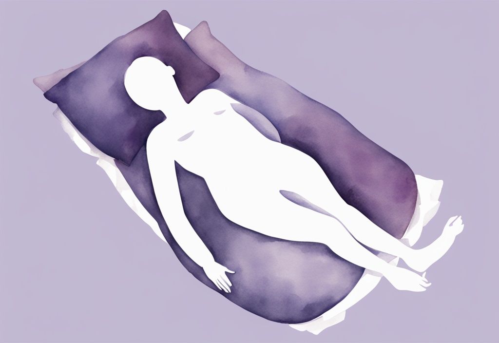 Illustrazione minimalista ad acquerello di una persona che dorme comodamente sulla schiena con un mucchio di cuscini che supportano la parte superiore del corpo, ideale per chi ha costole fratturate, tema colore lavanda.