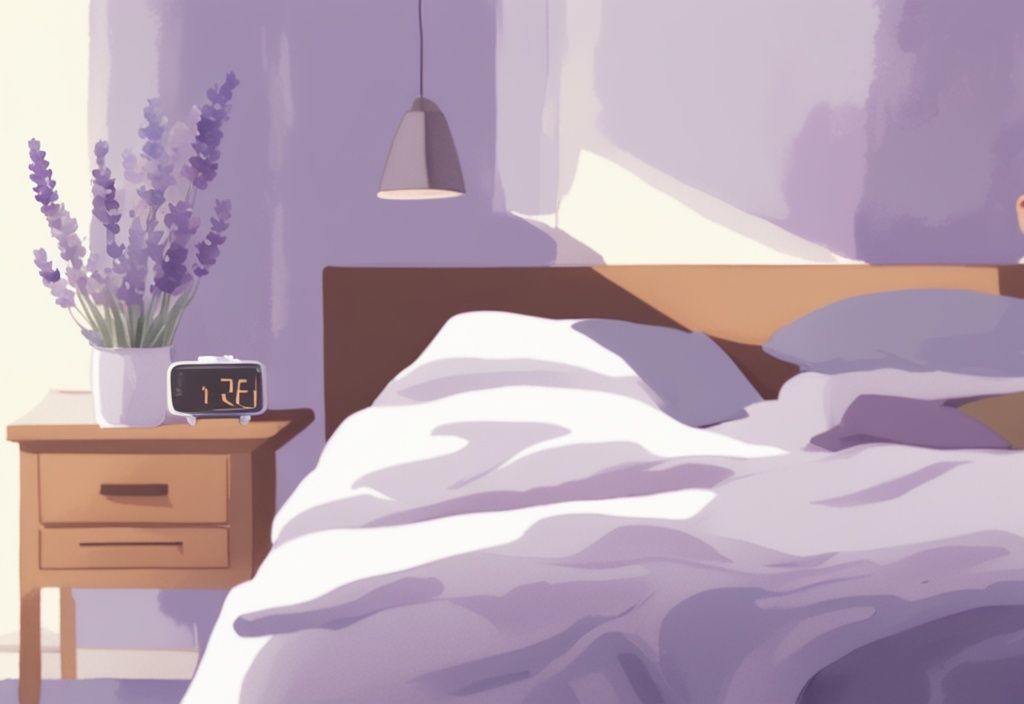 Illustrazione minimalista ad acquerello di una tranquilla camera da letto con una persona che dorme serenamente su un letto comodo, sveglia che mostra l'ora del mattino presto e raggio di sole che illumina la stanza, come dormire bene e svegliarsi riposati.