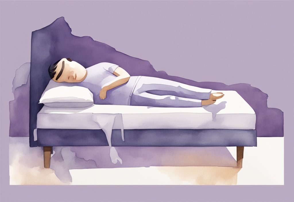 Illustrazione minimalista ad acquerello di un uomo che dorme con cuscini aggiuntivi per supporto e indicazioni della posizione della costola rotta, tema colore lavanda.