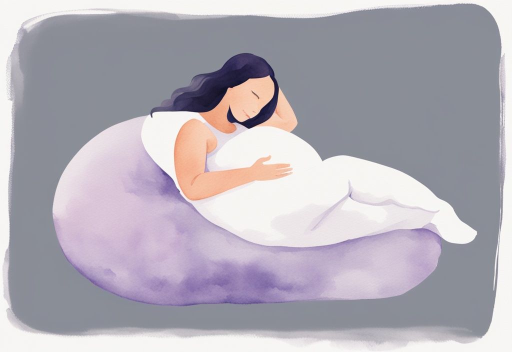 Illustrazione minimalista ad acquerello di una donna incinta sdraiata sul fianco sinistro con cuscino di supporto, che mostra una posizione comoda per dormire con placenta anteriore come dormire.