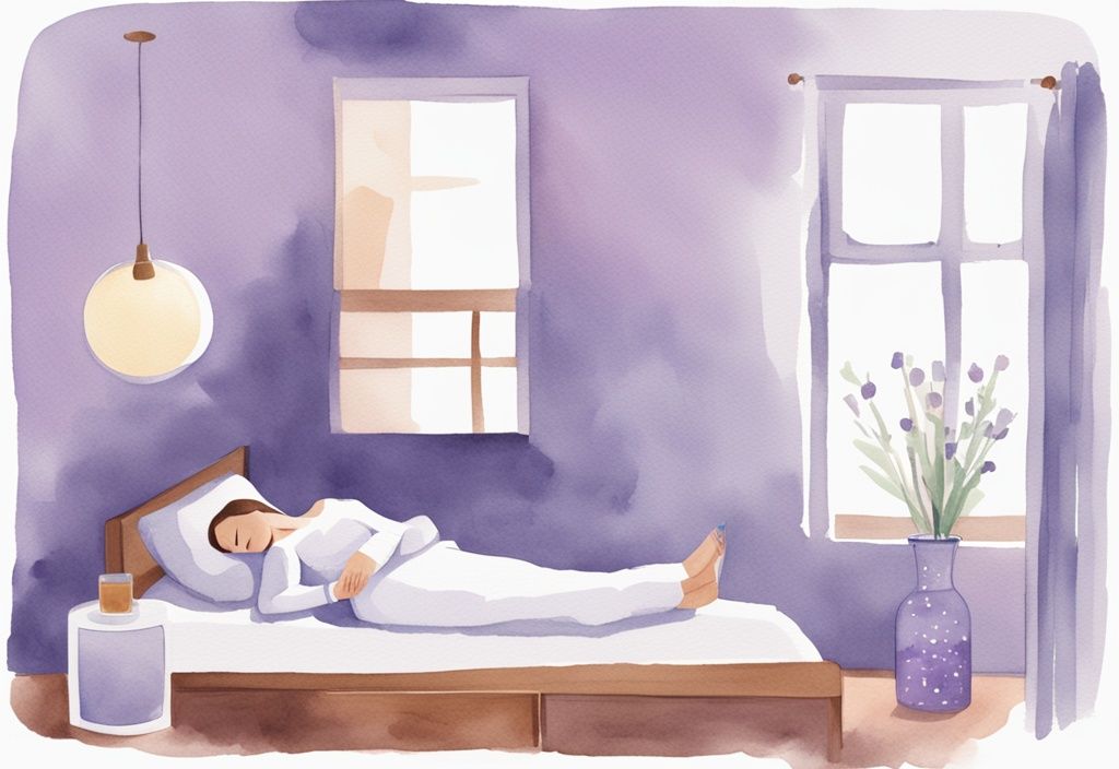 Illustrazione minimalista ad acquerello di una donna che dorme serenamente su un fianco con un bicchiere d'acqua e una scatola di medicinali da banco per il sollievo dalla cistite sul comodino accanto a lei, tema colore lavanda.