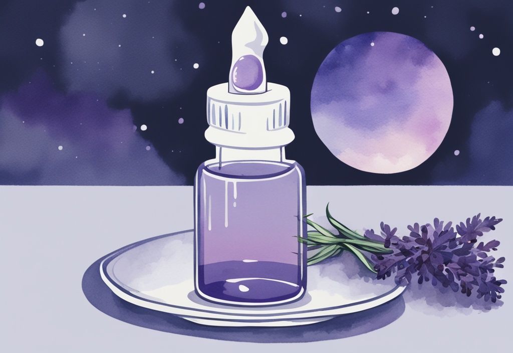 Illustrazione minimalista ad acquerello con contagocce di olio CBD che rilascia gocce in un bicchiere d'acqua, sullo sfondo di una notte calma e illuminata dalla luna, per indicare quante gocce di cbd per dormire.