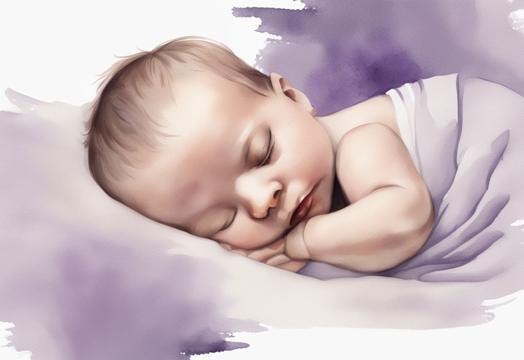 Illustrazione minimalista ad acquerello di un neonato che dorme sulla schiena con testo informativo sull'età consigliata per dormire di lato, tema colore lavanda.