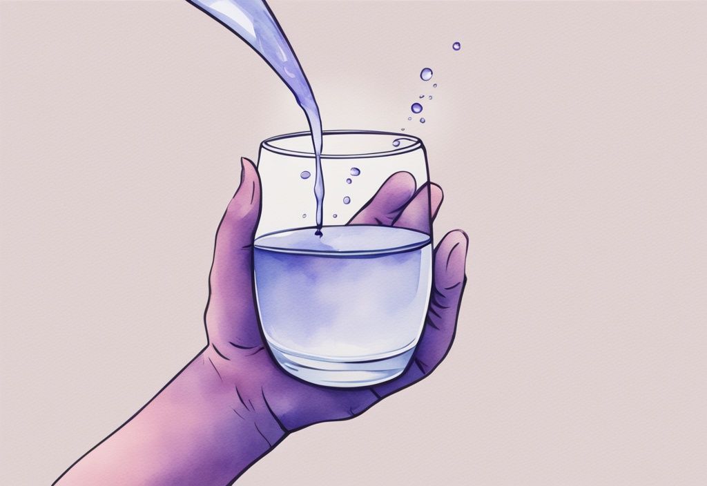 Illustrazione minimalista ad acquerello con tema lavanda, una mano tiene un contagocce sopra un bicchiere d'acqua con una goccia a metà strada, simbolo dell'uso di lexotan per dormire, quante gocce di lexotan per dormire.