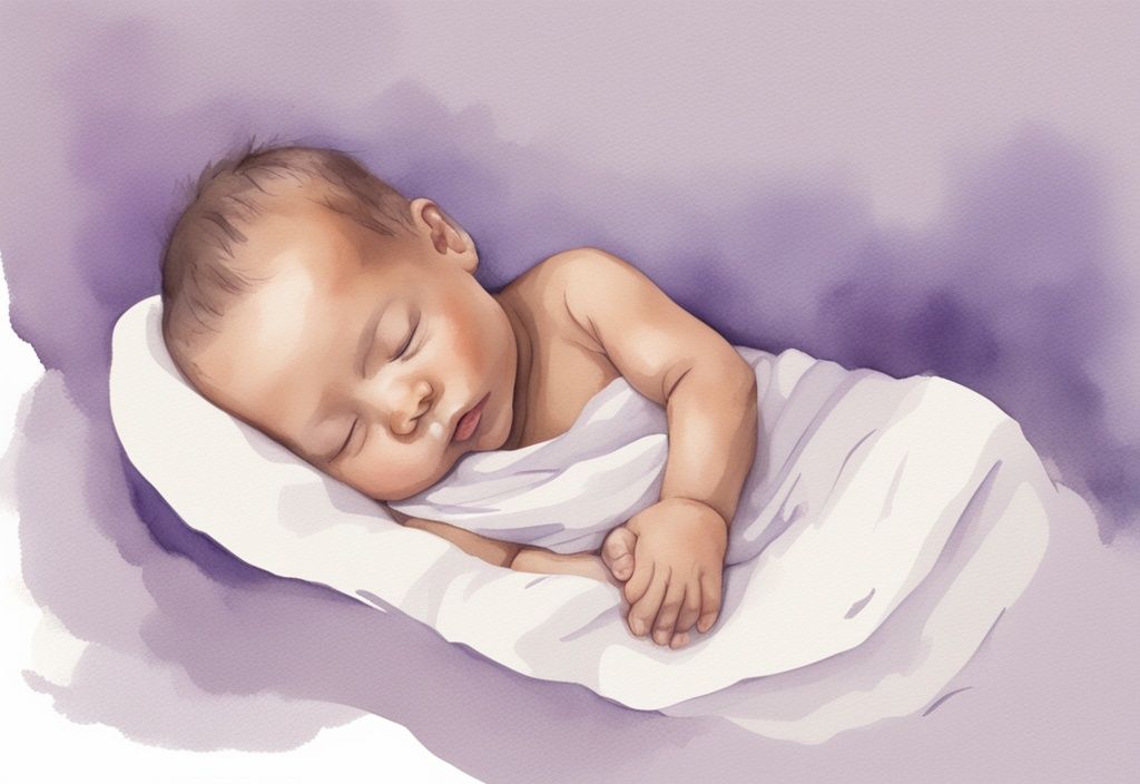 Illustrazione minimalista ad acquerello di un neonato che dorme serenamente sulla schiena con testo informativo sull'età consigliata per iniziare a dormire sul fianco, tema colore lavanda.