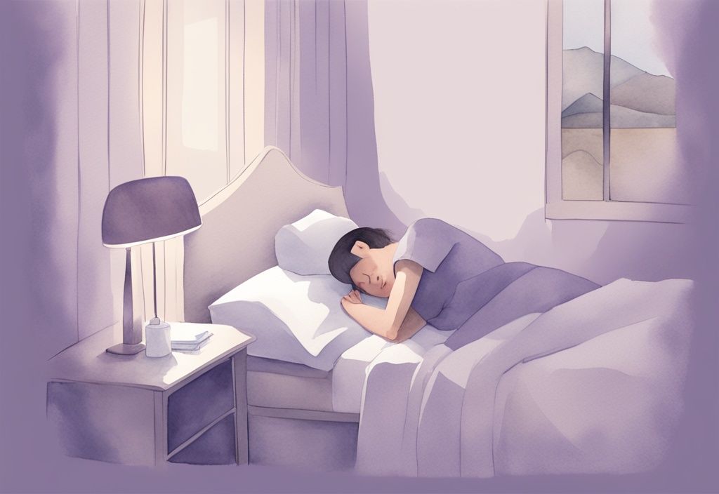 Illustrazione minimalista ad acquerello di una persona che dorme serenamente in un ambiente confortevole con un umidificatore, cuscini morbidi e una scatola di fazzoletti, come dormire con il naso chiuso.