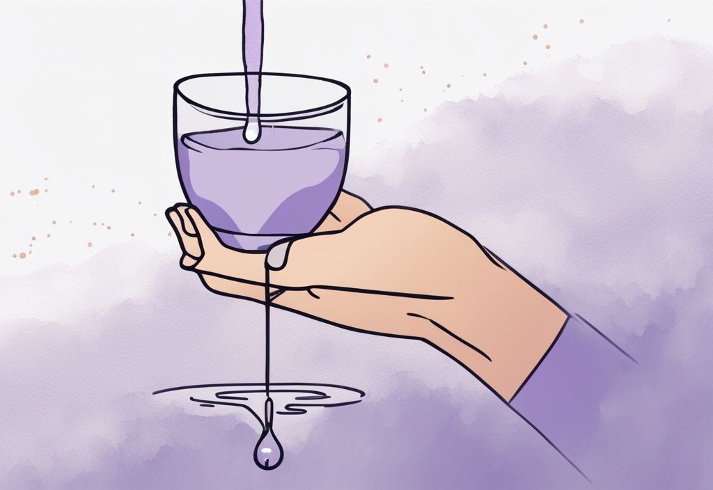 Illustrazione minimalista ad acquerello con tema colore lavanda, mano che tiene un contagocce sopra un bicchiere d'acqua con una goccia a metà strada, simbolo di utilizzo di lexotan per dormire, quante gocce di lexotan per dormire.