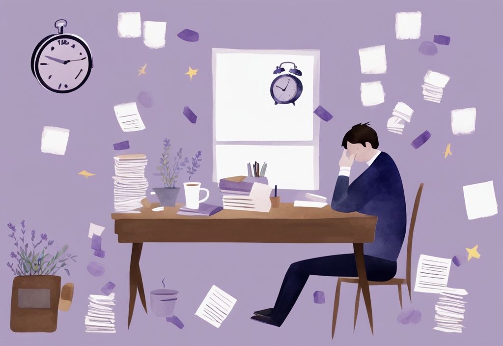 Illustrazione minimalista ad acquerello con tema principale lavanda: persona stanca seduta a una scrivania con tazze di caffè, orologio che segna ore tarde e post-it sparsi che mostrano il passare dei giorni.