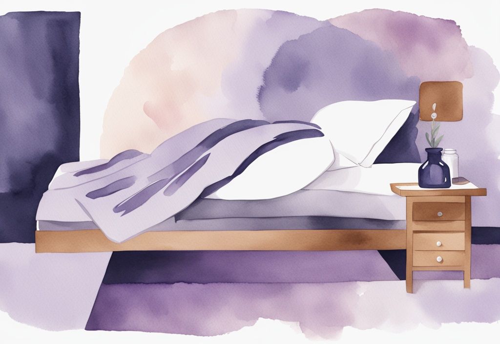 Illustrazione minimalista ad acquerello con tema lavanda, persona che dorme serenamente con una bottiglia di Trittico e un contagocce sul comodino.