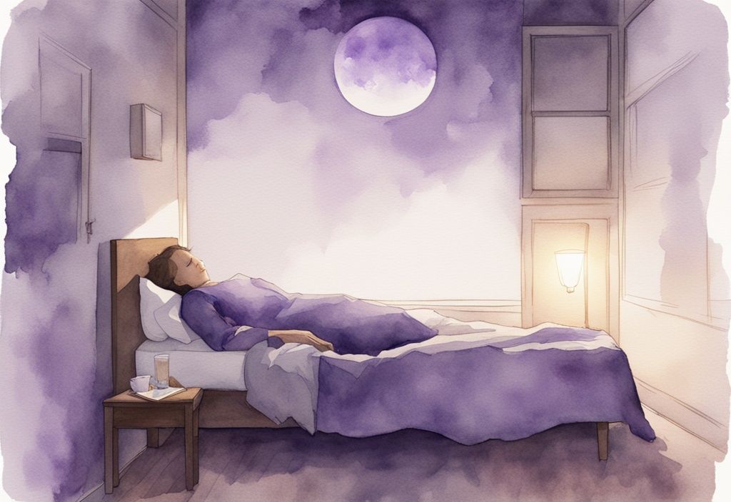 Illustrazione acquerello minimalista di una persona che dorme pacificamente in una stanza buia, illuminata dalla luce della luna, tema colore lavanda.