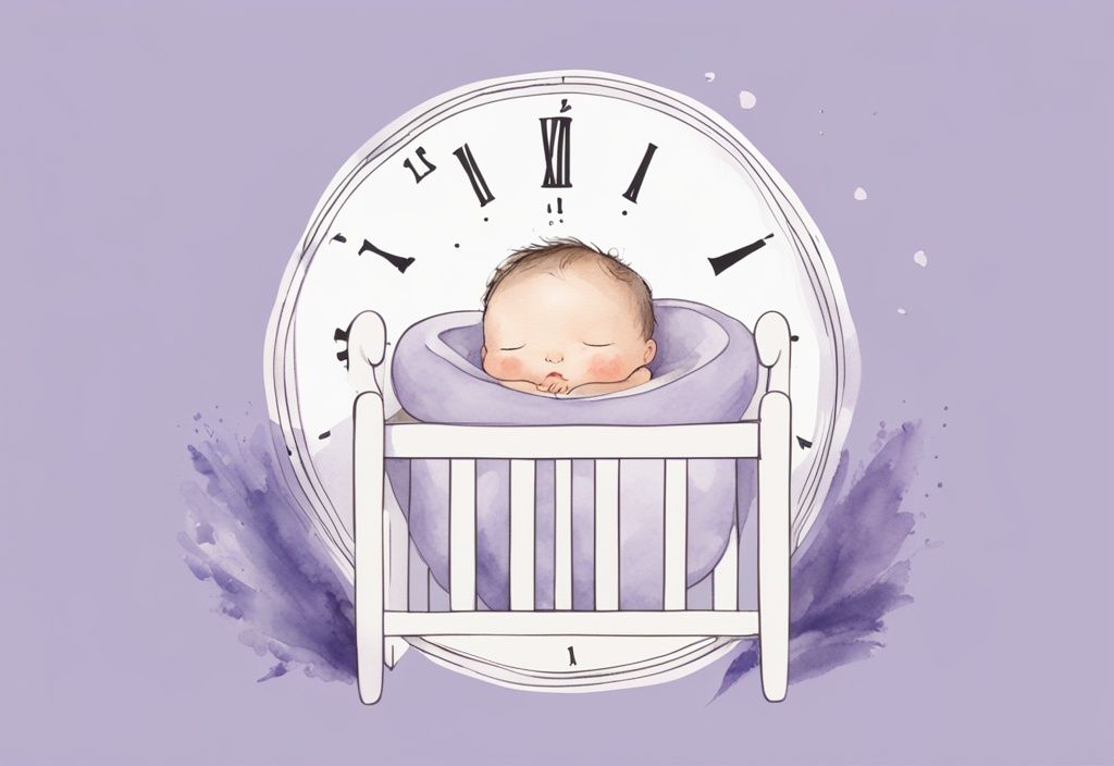 Illustrazione minimalista ad acquerello di un neonato che dorme pacificamente in una culla con un orologio che mostra diverse durate del sonno, tema colore lavanda.