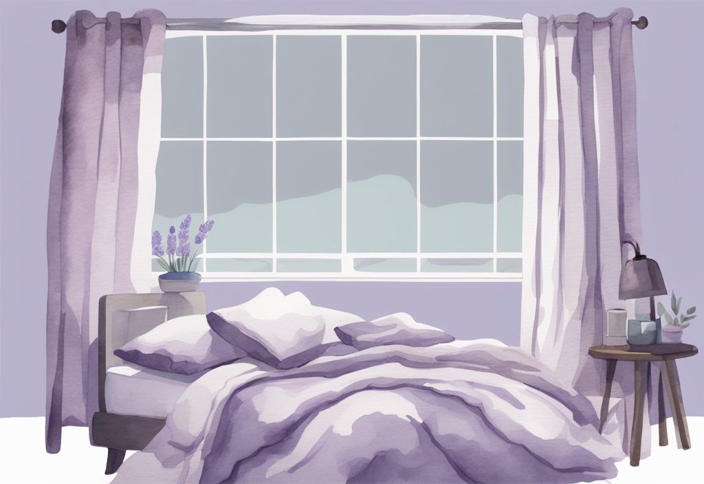 Illustrazione minimalista ad acquerello con tema lavanda, che mostra cosa prendere per dormire: cuscino comodo, coperta morbida, tende oscuranti, tappi per le orecchie e maschera per dormire.