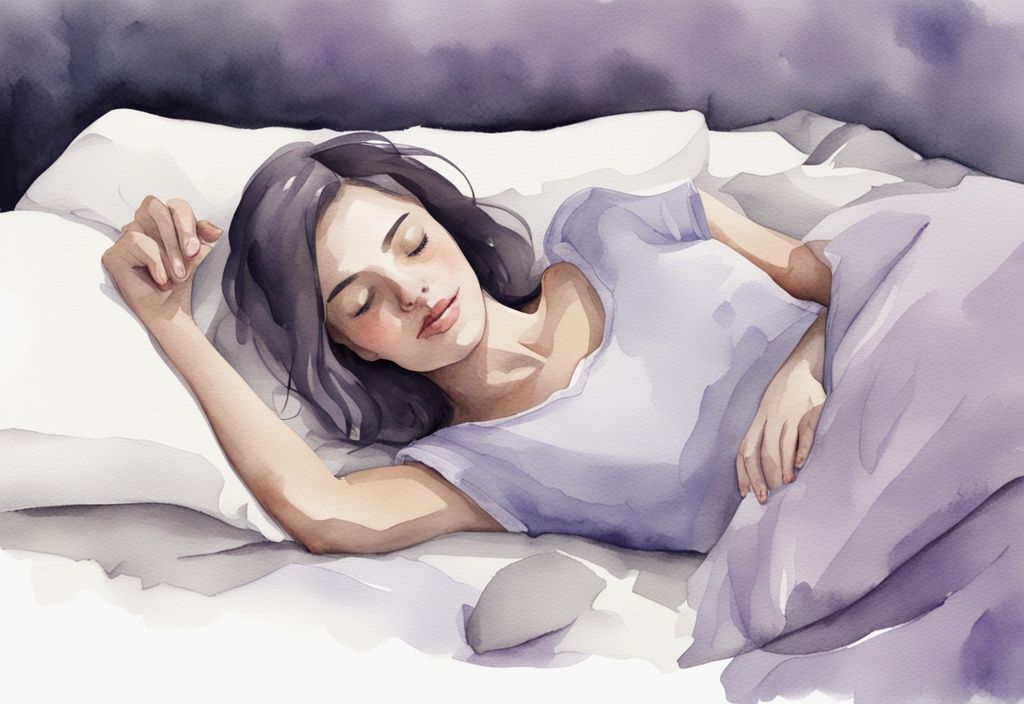 Illustrazione minimalista ad acquerello con tema principale lavanda, persona comodamente distesa a letto con cuscino posizionato correttamente per dormire con una frattura clavicola come dormire.