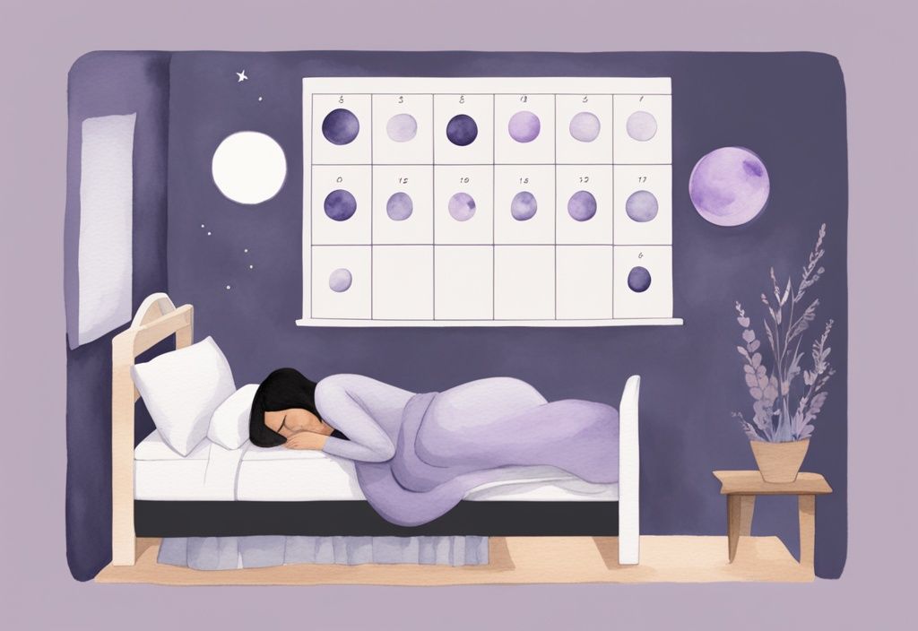 Illustrazione minimalista ad acquerello di una donna che dorme pacificamente con calendario e fasi lunari sul comodino, suggerendo la correlazione tra il ciclo mestruale e il sonno, come dormire per far venire il ciclo.