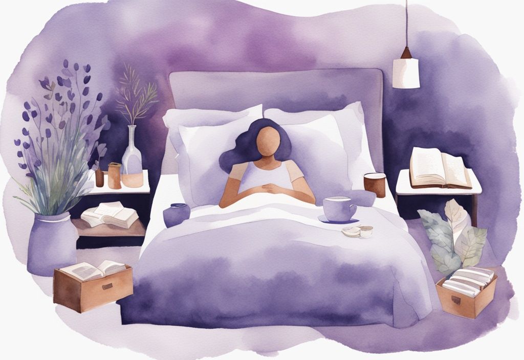 Illustrazione minimalista ad acquerello di una persona sveglia a letto circondata da un libro, una tazza di tè alle erbe e un tappetino da yoga, cosa fare quando non riesci a dormire.