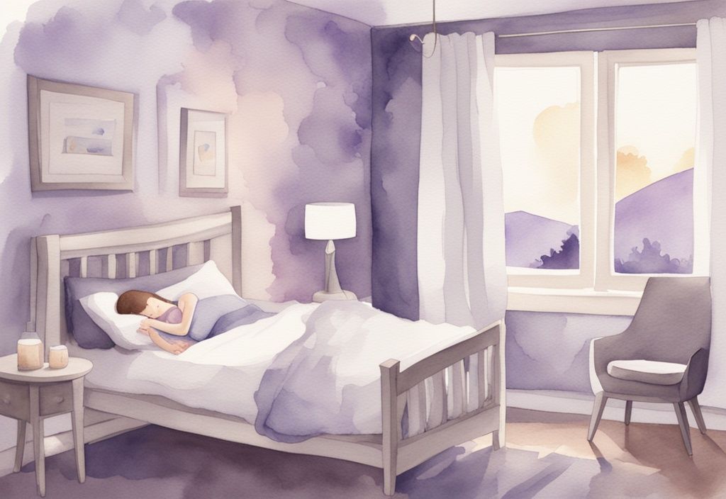 Illustrazione minimalista ad acquerello di una madre che culla il suo neonato addormentato in una nursery accogliente e poco illuminata, tema colore lavanda, come far dormire un neonato.