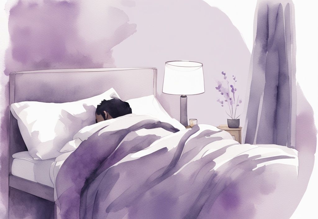 Illustrazione minimalista ad acquerello di un uomo che dorme pacificamente in un letto comodo, con un paio di boxer sul comodino, tema colore lavanda.