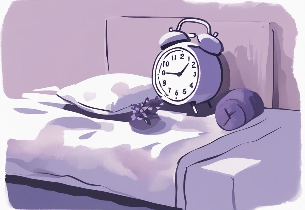 Illustrazione minimalista ad acquerello con tema lavanda, un orologio digitale mostra diverse ore accanto a una figura che dorme pacificamente su un letto, quante ore dormire.