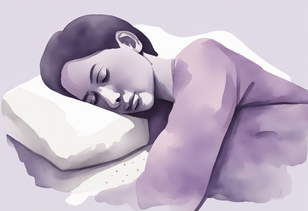 Illustrazione minimalista ad acquerello di una persona con borsite alla spalla che dorme comodamente con un cuscino di supporto, tema colore lavanda.