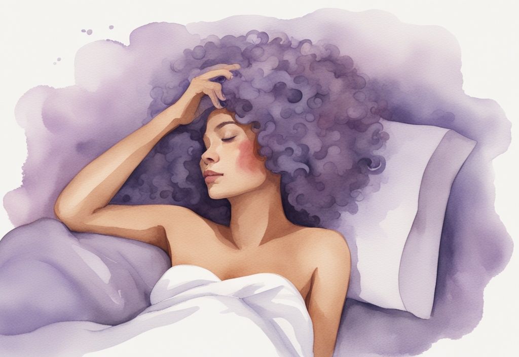 Illustrazione ad acquerello minimalista di una donna con capelli ricci che dorme pacificamente con una cuffia di seta, dimostrando come dormire con i capelli ricci.