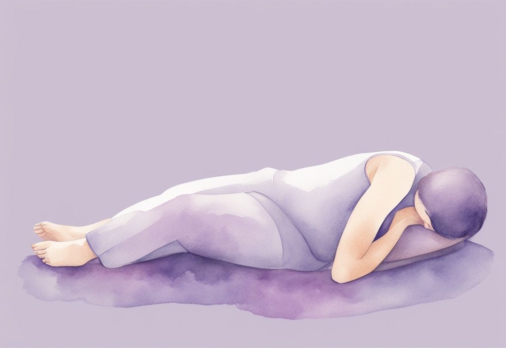 Illustrazione minimalista ad acquerello di una persona che dorme su un fianco con un cuscino tra le ginocchia per alleviare l'infiammazione del piriforme, piriforme infiammato come dormire.