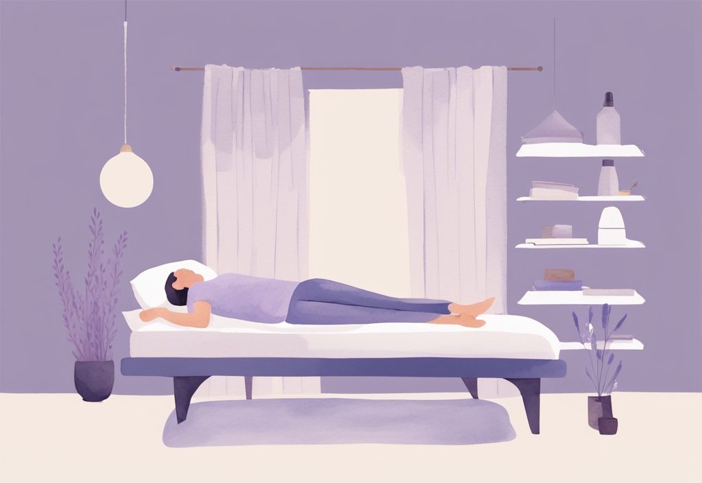 Illustrazione minimalista ad acquerello di una persona con sciatica che dorme comodamente in posizioni consigliate con accessori da letto come cuscini e supporti, tema colore lavanda.