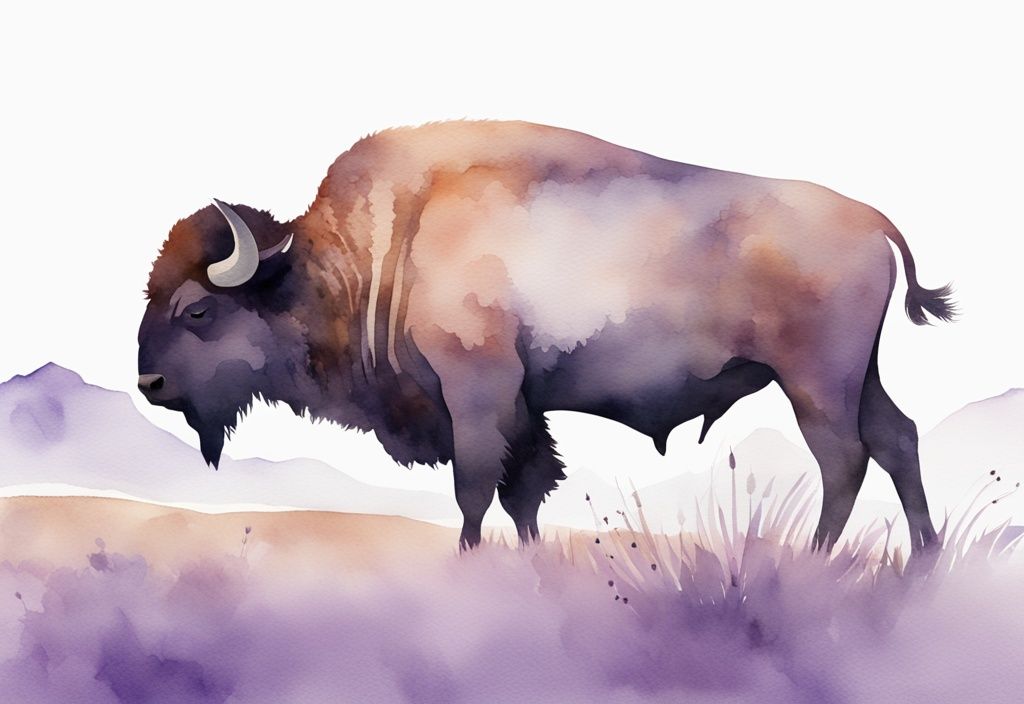 Illustrazione acquerello minimalista con bisonte che dorme serenamente in un paesaggio di prateria, tema colore lavanda.