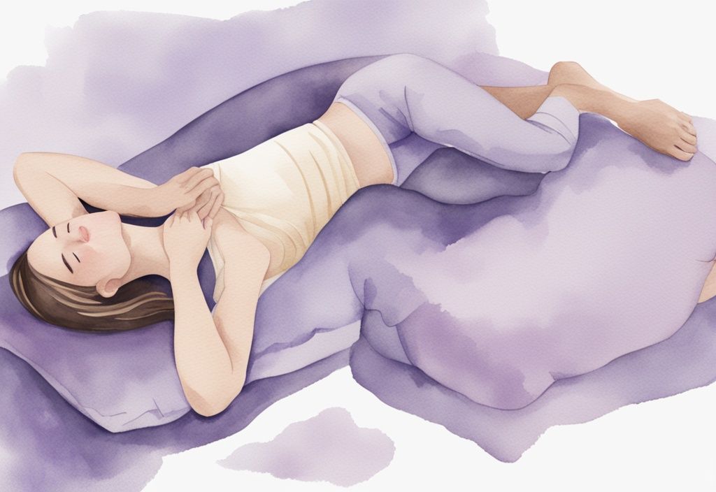 Illustrazione minimalista ad acquerello di una persona che dorme di lato con un cuscino tra le ginocchia, posizione confortevole per dormire con mal di schiena, tema colore lavanda.