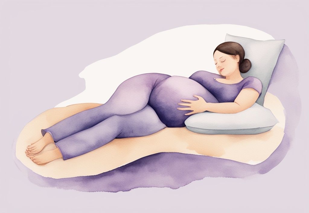 Illustrazione minimalista ad acquerello di una donna incinta che dorme sul fianco sinistro con un cuscino tra le ginocchia per incoraggiare il bambino podalico a girarsi.