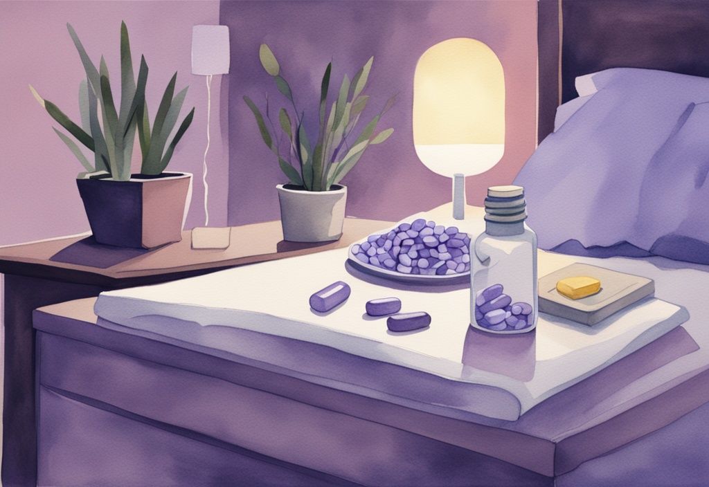 Illustrazione minimalista ad acquerello di integratori di magnesio su un comodino accanto a un letto, illuminata da una luce soffusa notturna, tema colore lavanda.