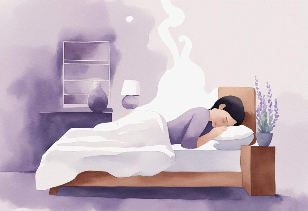 illustrazione minimalista ad acquerello di una persona che dorme con un umidificatore sul comodino, tema colore lavanda