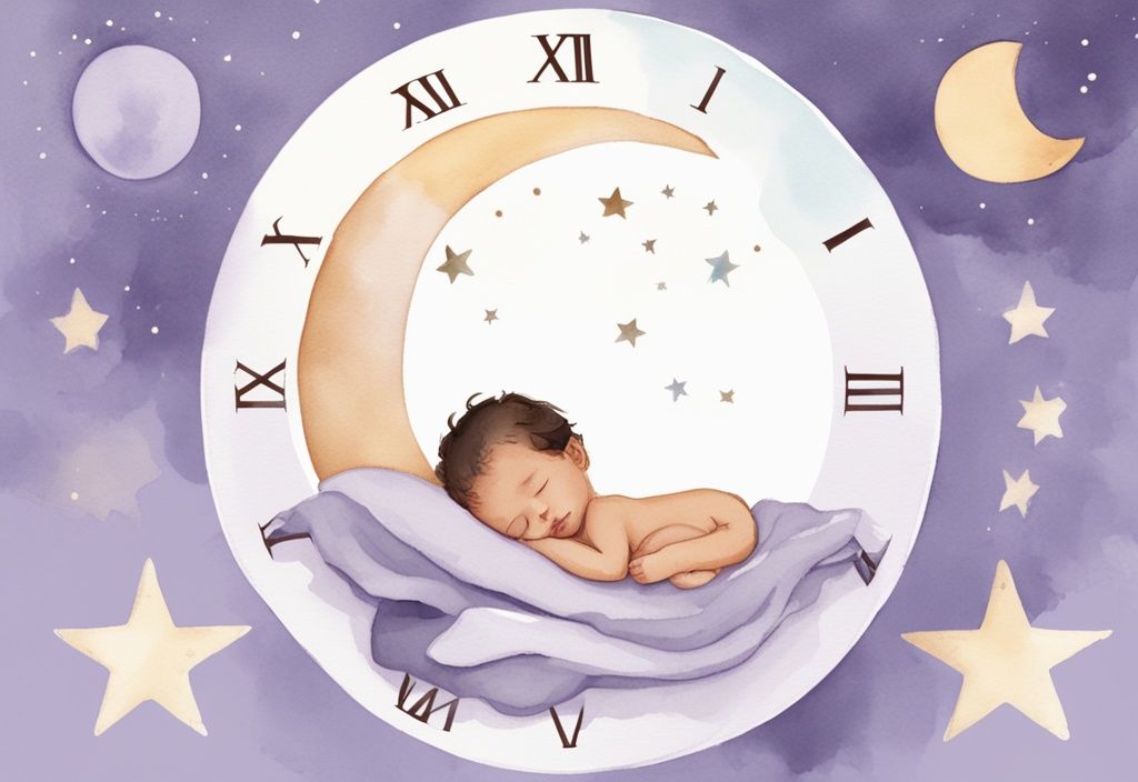 Illustrazione minimalista ad acquerello di un neonato che dorme pacificamente avvolto in una coperta soffice, circondato da luna e stelle, con un orologio infografico che mostra le ore di sonno; quanto deve dormire un neonato.