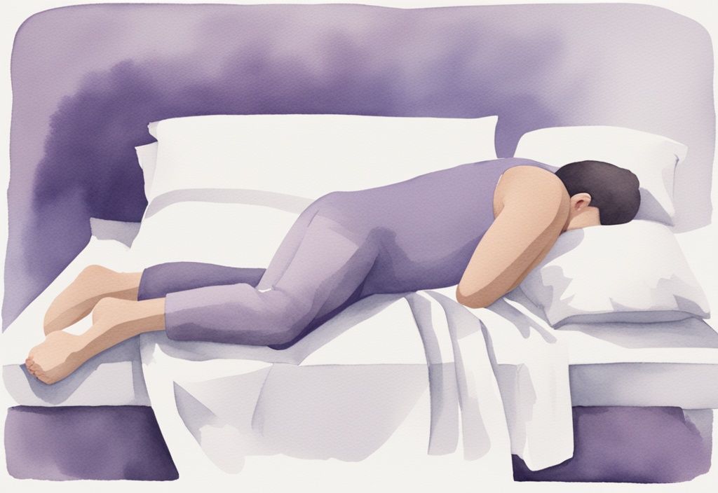 Illustrazione minimalista ad acquerello di una persona che dorme su un fianco con un cuscino tra le gambe, postura consigliata per alleviare la contrattura del trapezio, tema colore lavanda.