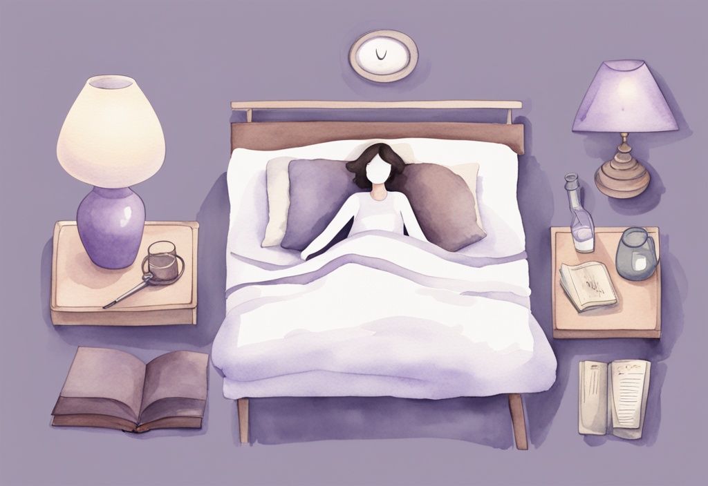 Illustrazione minimalista ad acquerello di una persona insonne a letto con libro, bicchiere di latte caldo, diario e lampada da tavolo, tema colore lavanda.