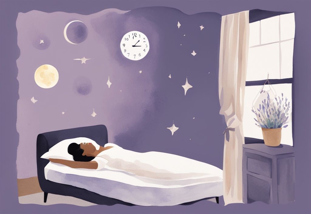 Illustrazione minimalista ad acquerello di una donna rilassata che dorme in una stanza accogliente e poco illuminata, con un calendario che mostra il ciclo lunare appeso al muro, tema colore lavanda.