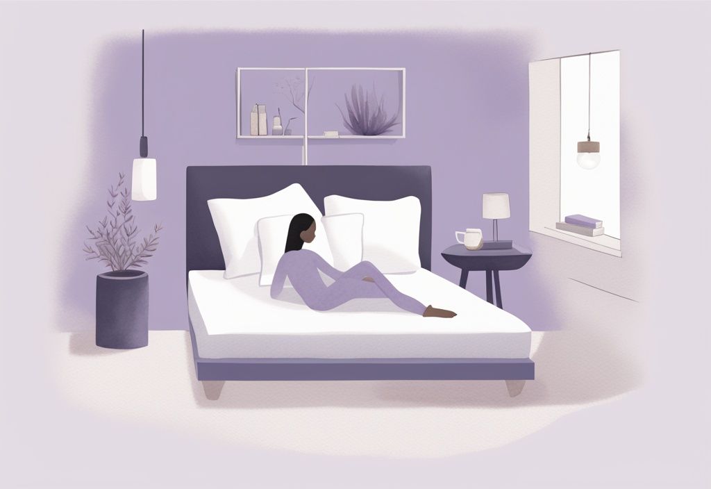 Illustrazione minimalista ad acquerello di una camera da letto serena con individuo in posizione di sonno, sovrapposizioni diagrammatiche che illustrano posizioni ottimali per il sollievo dalla sacroileite, tema colore lavanda.