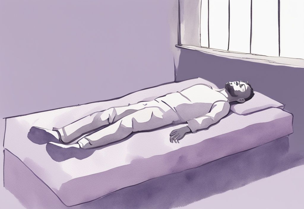 Illustrazione minimalista ad acquerello di un uomo che dorme in posizione elevata con cuscini extra per supporto, evidenziando la posizione di una costola incrinata, tema colore lavanda.