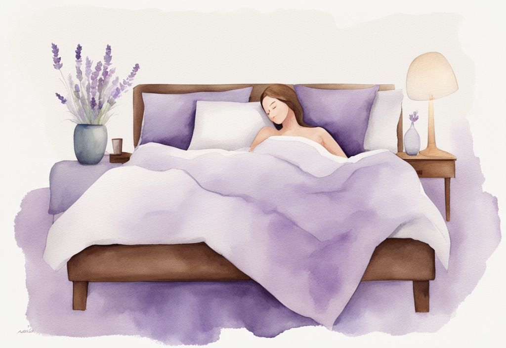 Illustrazione minimalista ad acquerello di una persona a letto che utilizza cuscini specifici per alleviare il dolore del nervo sciatico infiammato, tema colore lavanda.