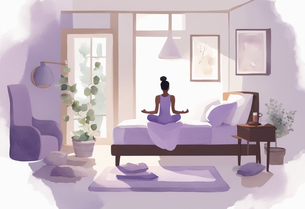 Illustrazione minimalista ad acquerello di una camera da letto tranquilla con una persona che pratica una routine serale rilassante, leggendo un libro, bevendo tè alla camomilla e facendo leggeri esercizi di yoga, con tema colore lavanda.