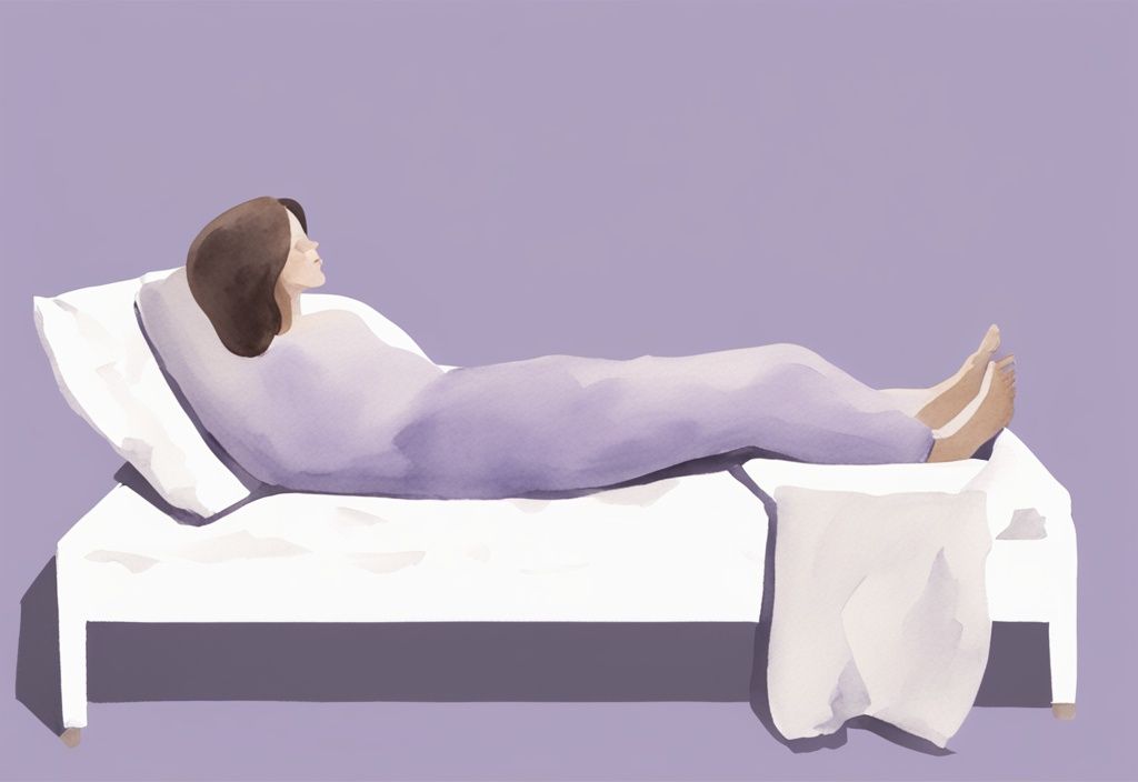 Illustrazione minimalista ad acquerello di una persona con borsite spalla come dormire comodamente sulla schiena con cuscini di supporto in tema lavanda.