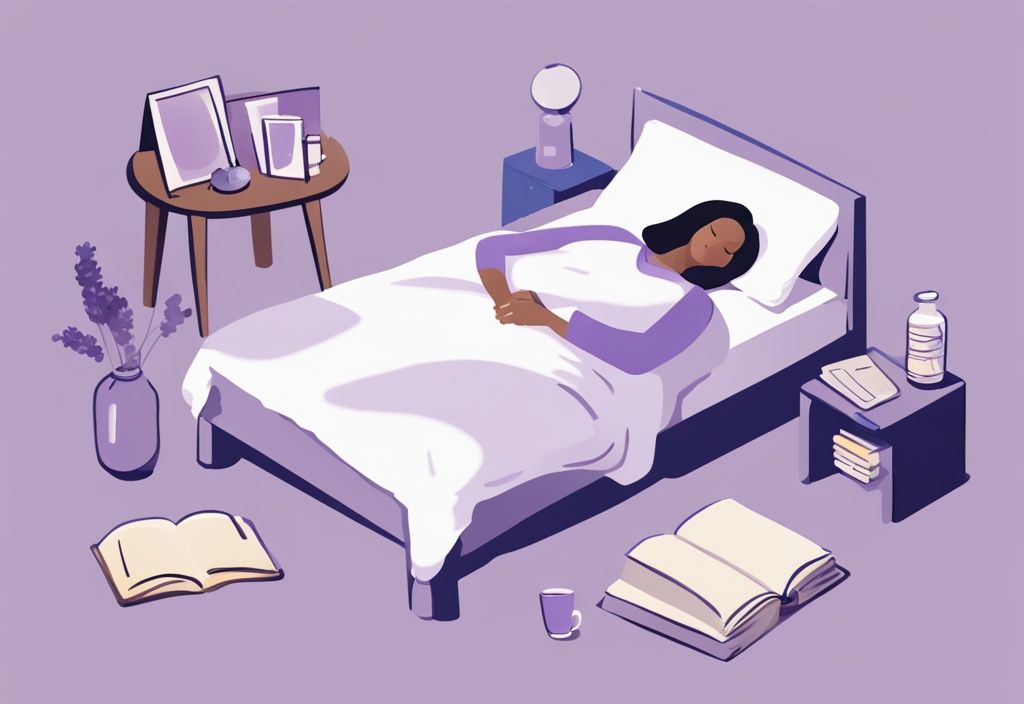 Illustrazione minimalista ad acquerello di una persona sveglia a letto circondata da un libro, un bicchiere di latte caldo, un diario e una lampada da tavolo, tema principale lavanda.