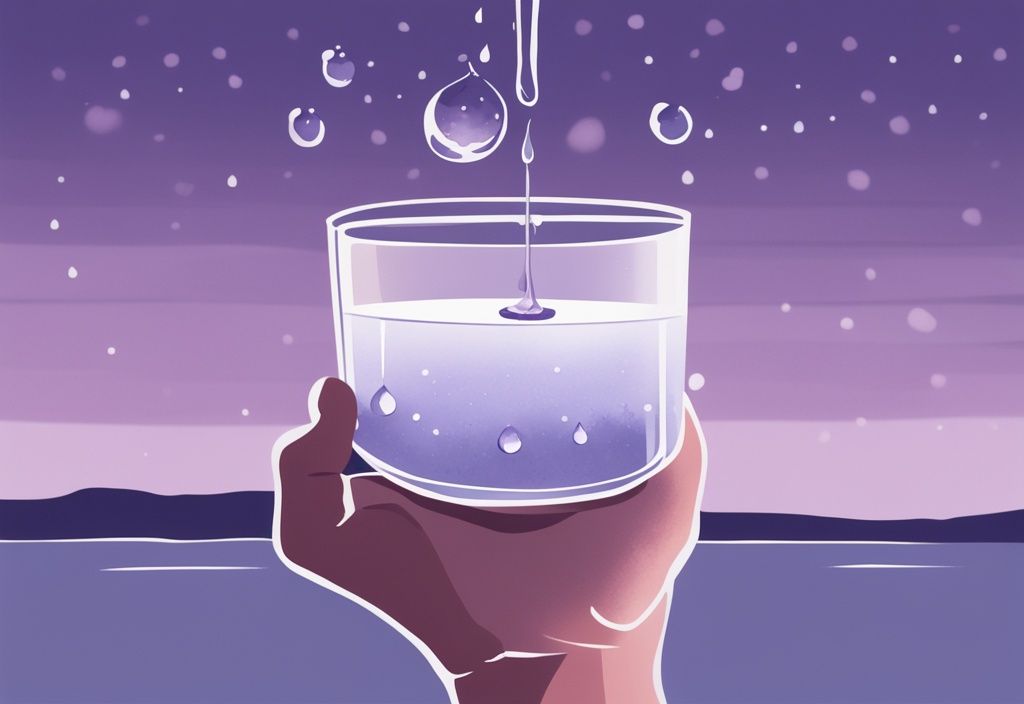 Illustrazione minimalista ad acquerello con tema lavanda, una mano che tiene un contagocce di Serenase e rilascia quante gocce di serenase per dormire in un bicchiere d'acqua, sfondo notturno calmante.