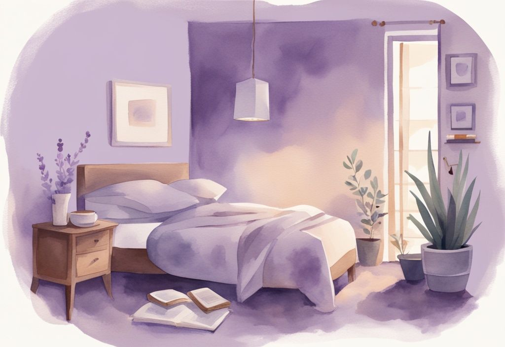 Illustrazione minimalista ad acquerello di una persona in pigiama accogliente che tiene una tazza di tè alle erbe, con luce soffusa e un comodino vicino con un libro e occhiali; tema colore lavanda.