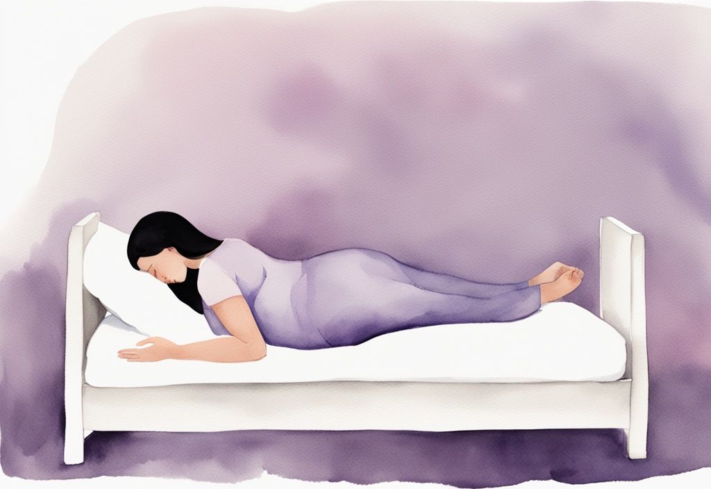 Illustrazione minimalista ad acquerello con tema lavanda di una donna incinta che dorme nella posizione laterale sinistra, dimostrando come dormire per far girare bambino podalico.