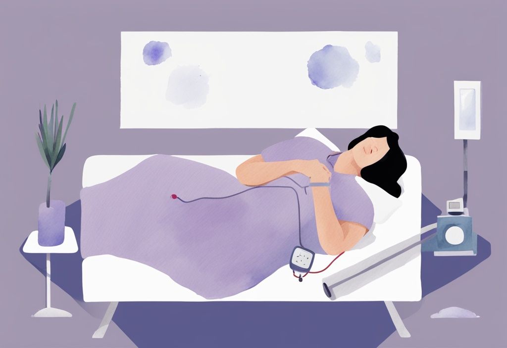 Illustrazione minimalista ad acquerello di una persona che dorme serenamente di notte con un monitor della pressione sanguigna attaccato al braccio, tema colore lavanda.